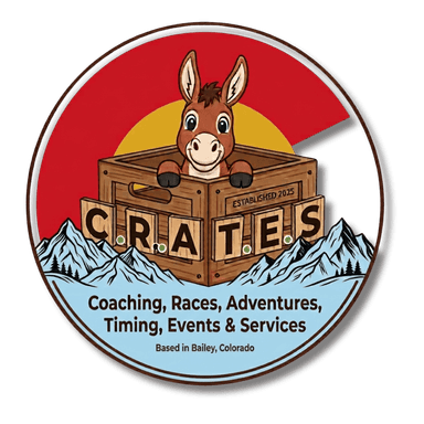 CRATES Colorado logo: a cartoon donkey peeking out of a wooden crate with mountains and a Colorado-flag sunburst